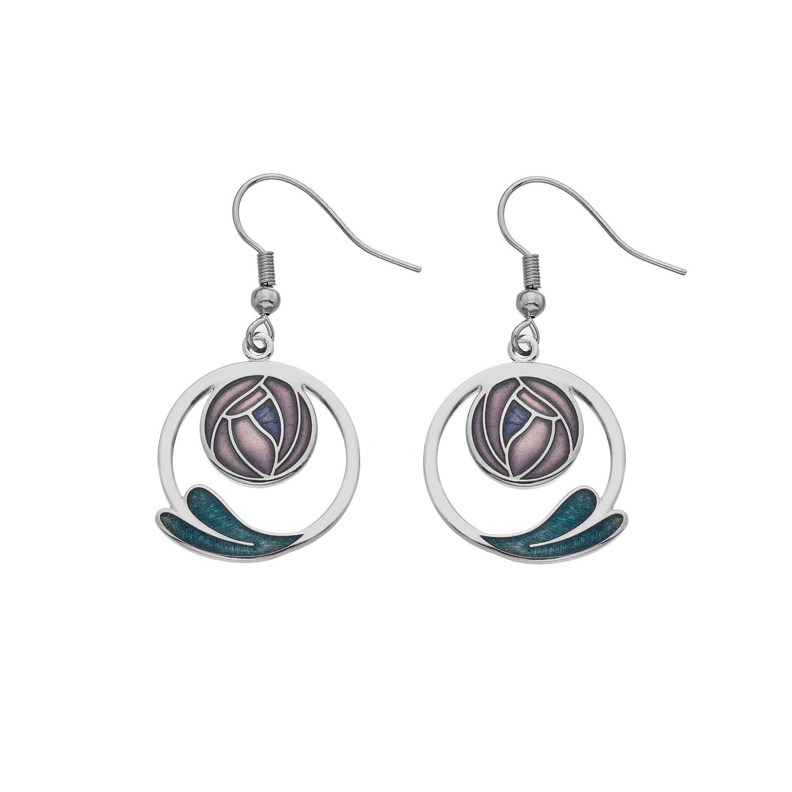 Mackintosh Rose Drop Earrings Coiled Leaf Silver Plated Branded Packaging
