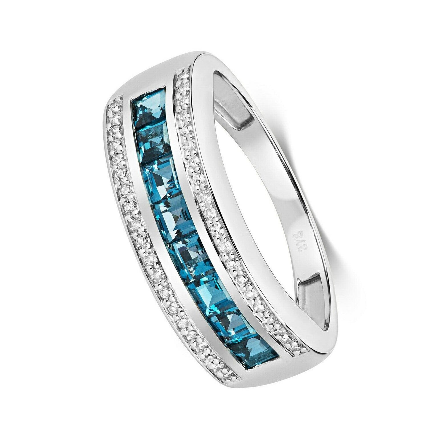 Real London Blue Topaz and Diamond Eternity Band Ring Solid White Gold 