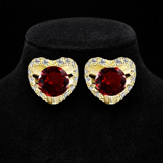 Natural Garnet and Diamond Heart Earrings Solid 9ct Yellow Gold Hallmarked