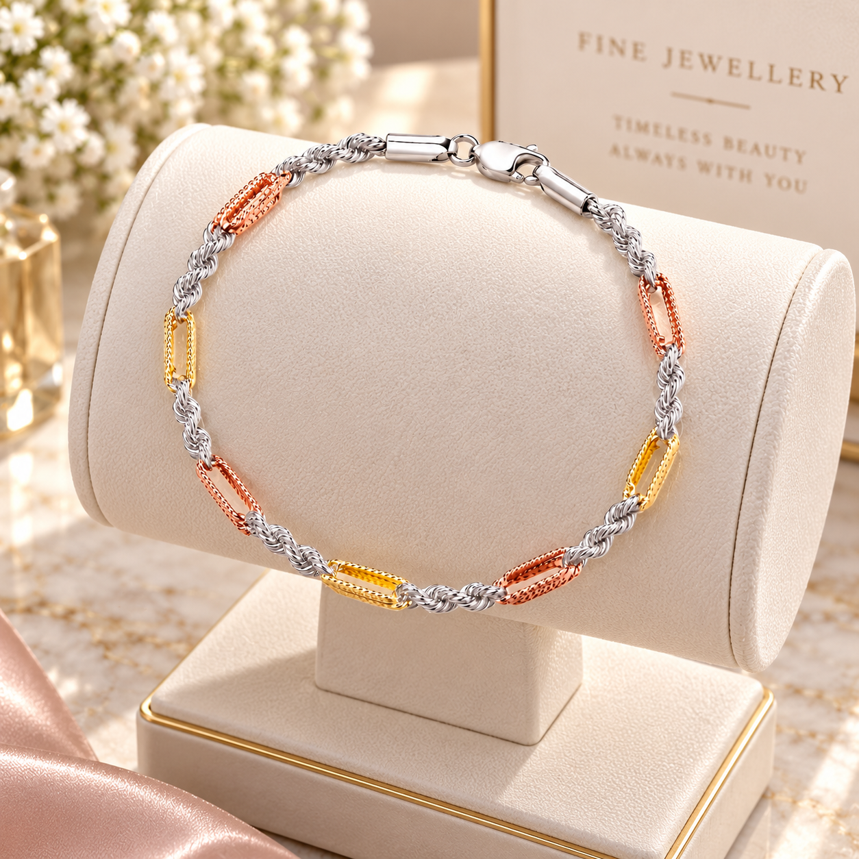 Three Colour Rope Chain Bracelet 18ct Gold on Solid Silver Lobster Clasp 925