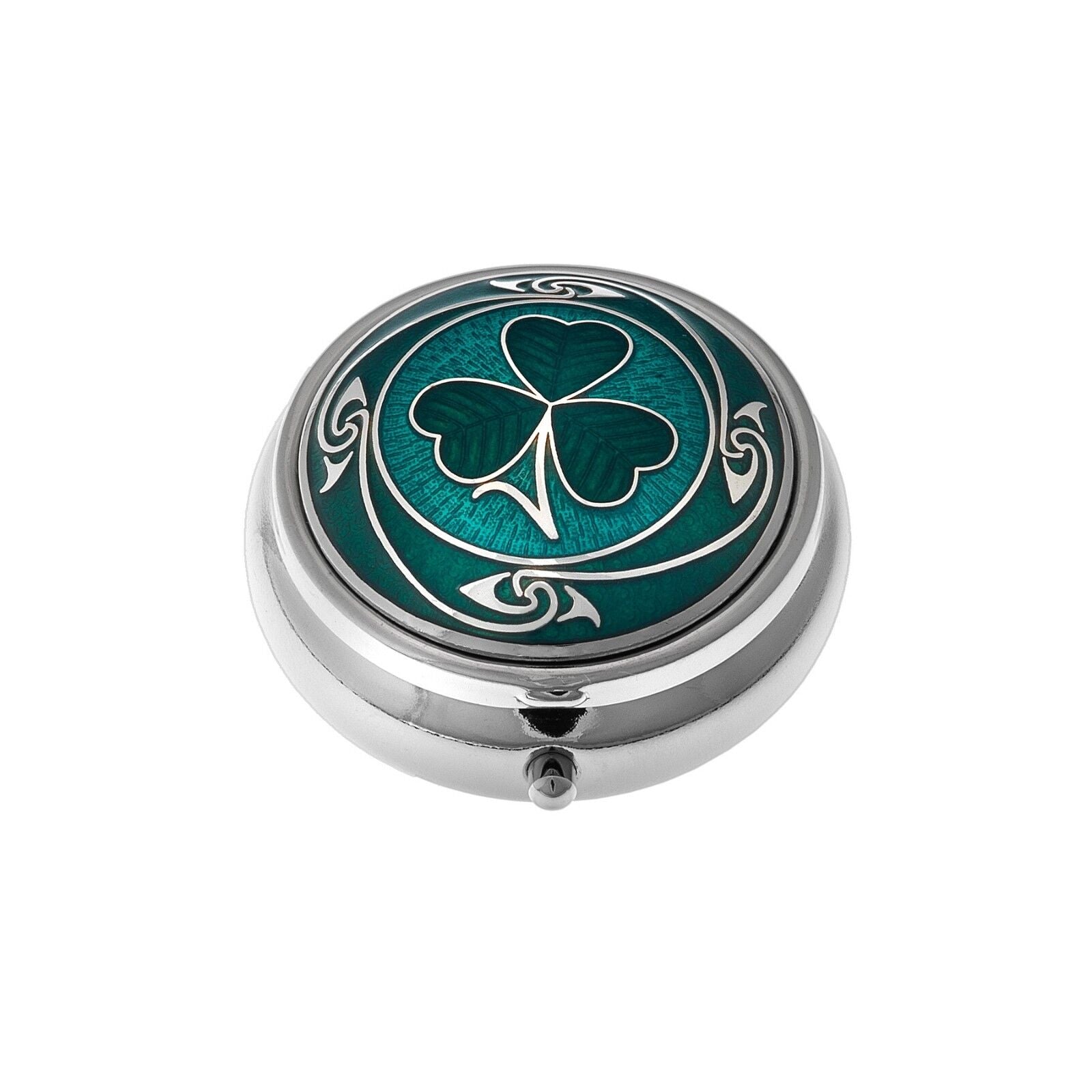 Pillbox Silver Plated Shamrock Celtic Green Brand New and Boxed