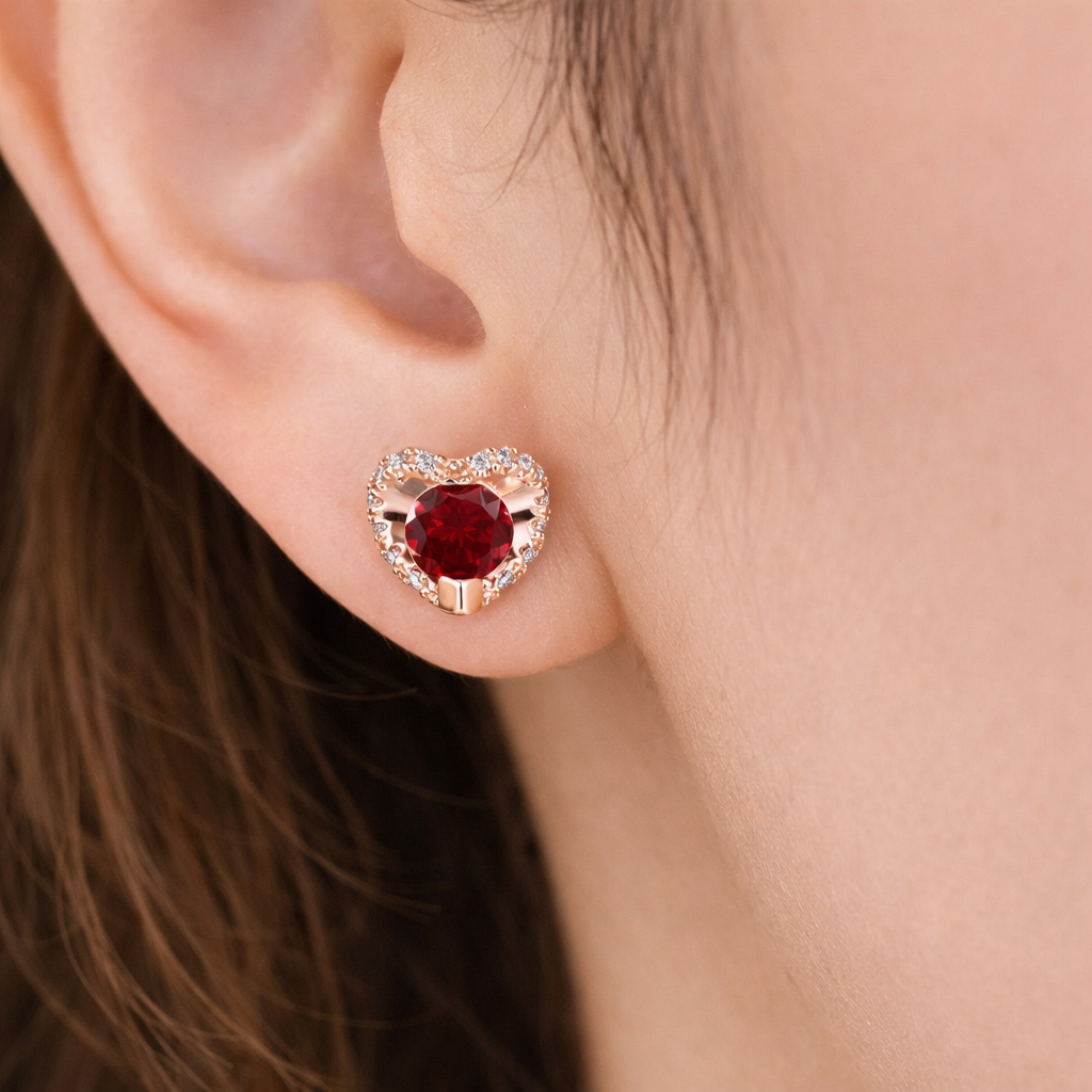 Natural Garnet and Diamond Heart Earrings Solid 9ct Rose Gold Hallmarked