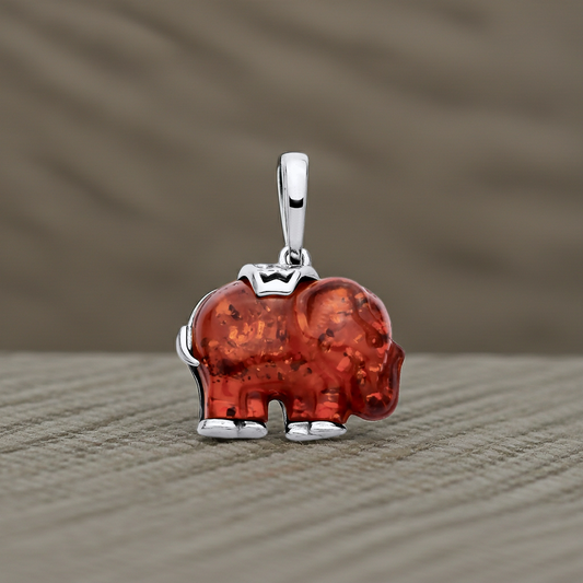Natural Amber Elephant Pendant Solid Sterling Silver 925 Hallmark 18" Chain