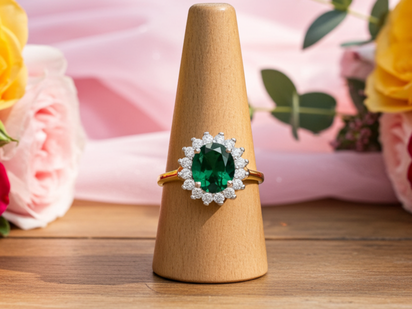 18ct Gold Emerald Cluster Ring on Solid Sterling Silver 925 Hallmark Sizes J-V
