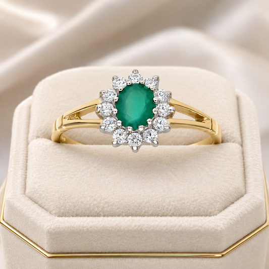 Emerald Oval Cluster Ring Solid 9ct Yellow Gold Hallmark Sizes HIJKLMNOPQRSTUV