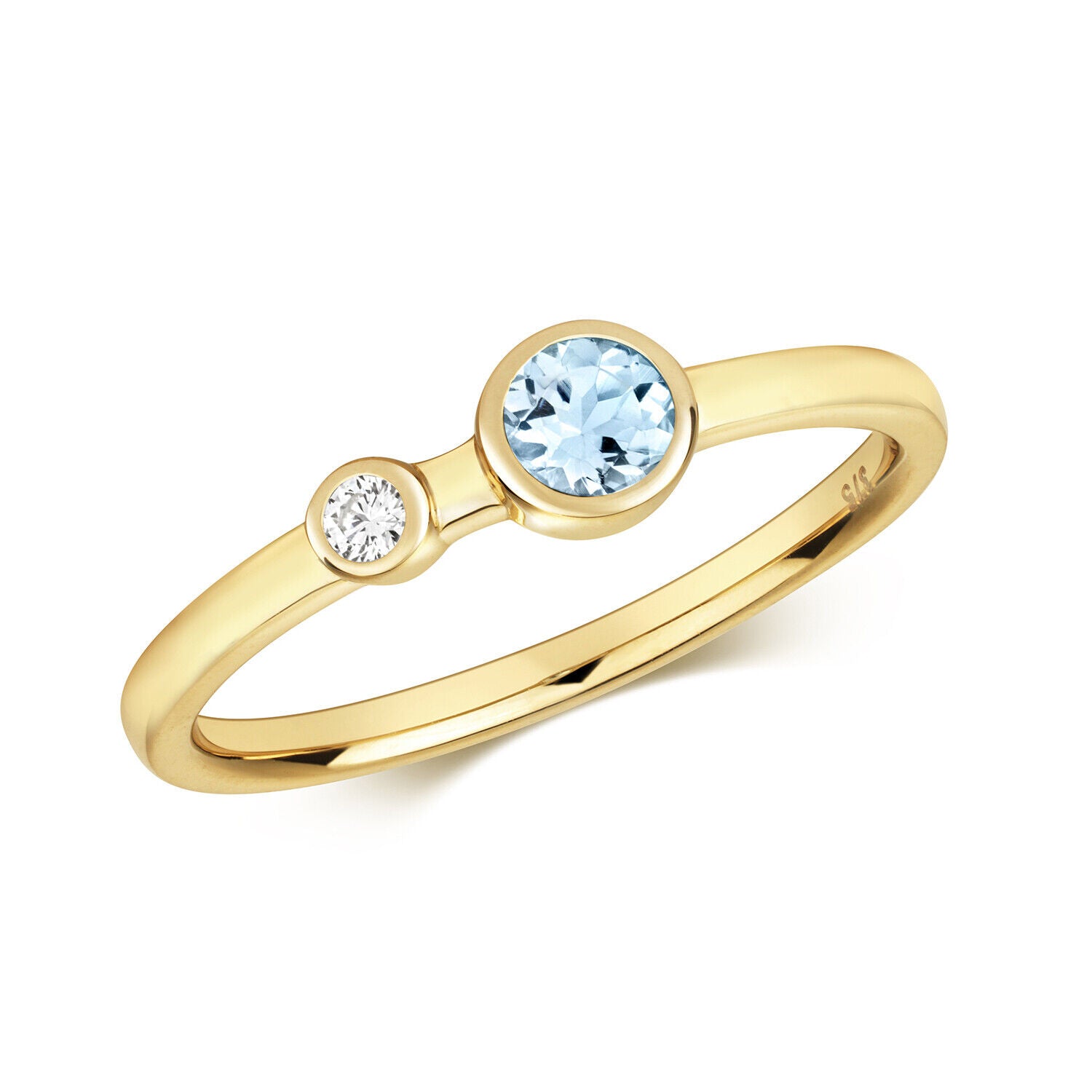 Real Aquamarine and Diamond Ring Solid Yellow Gold Two Stone Size J - Q