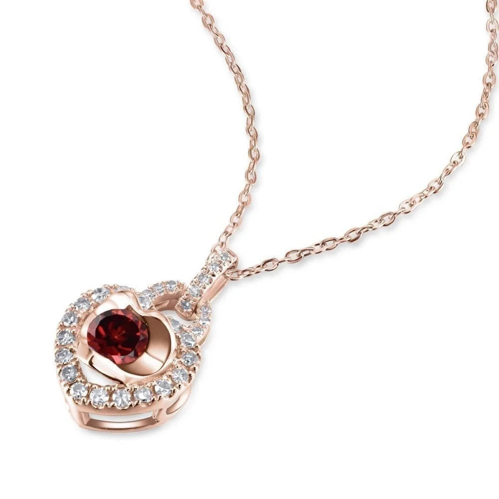 Garnet Heart Necklace With Diamond Solid Rose Gold 18" 46cm Length Chain