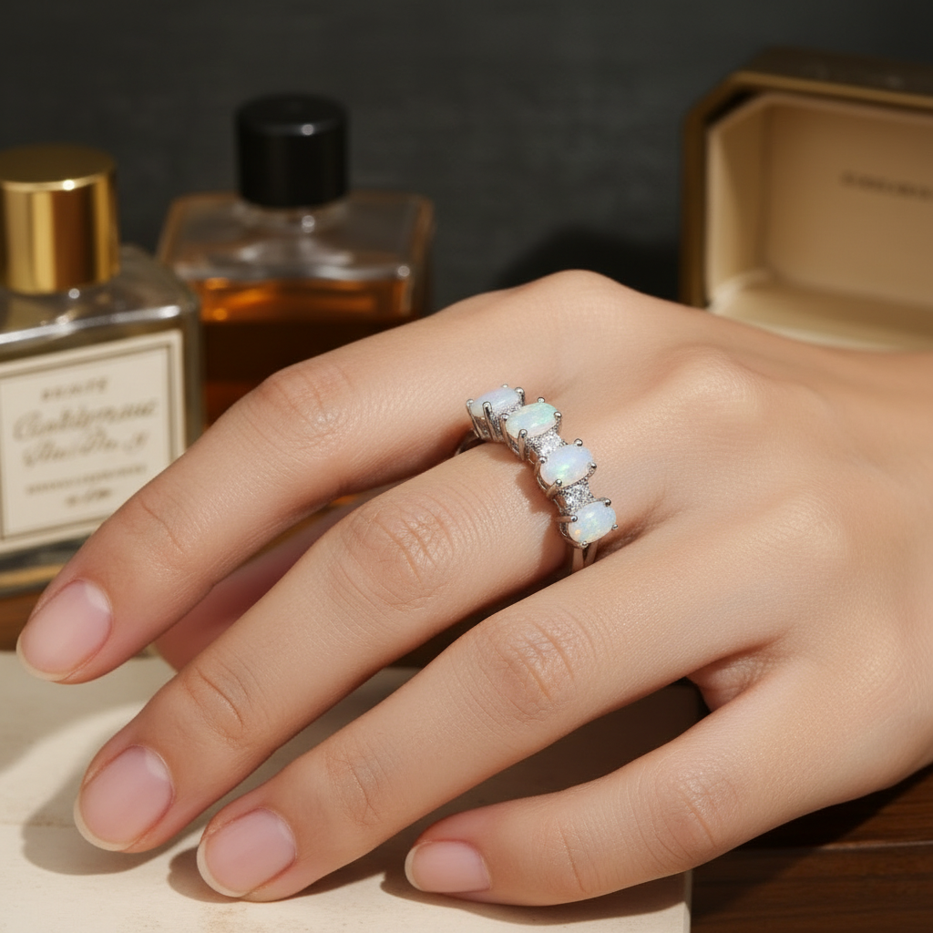 Natural Opal and Diamond Eternity Ring Solid Sterling Silver 925 Size J - V