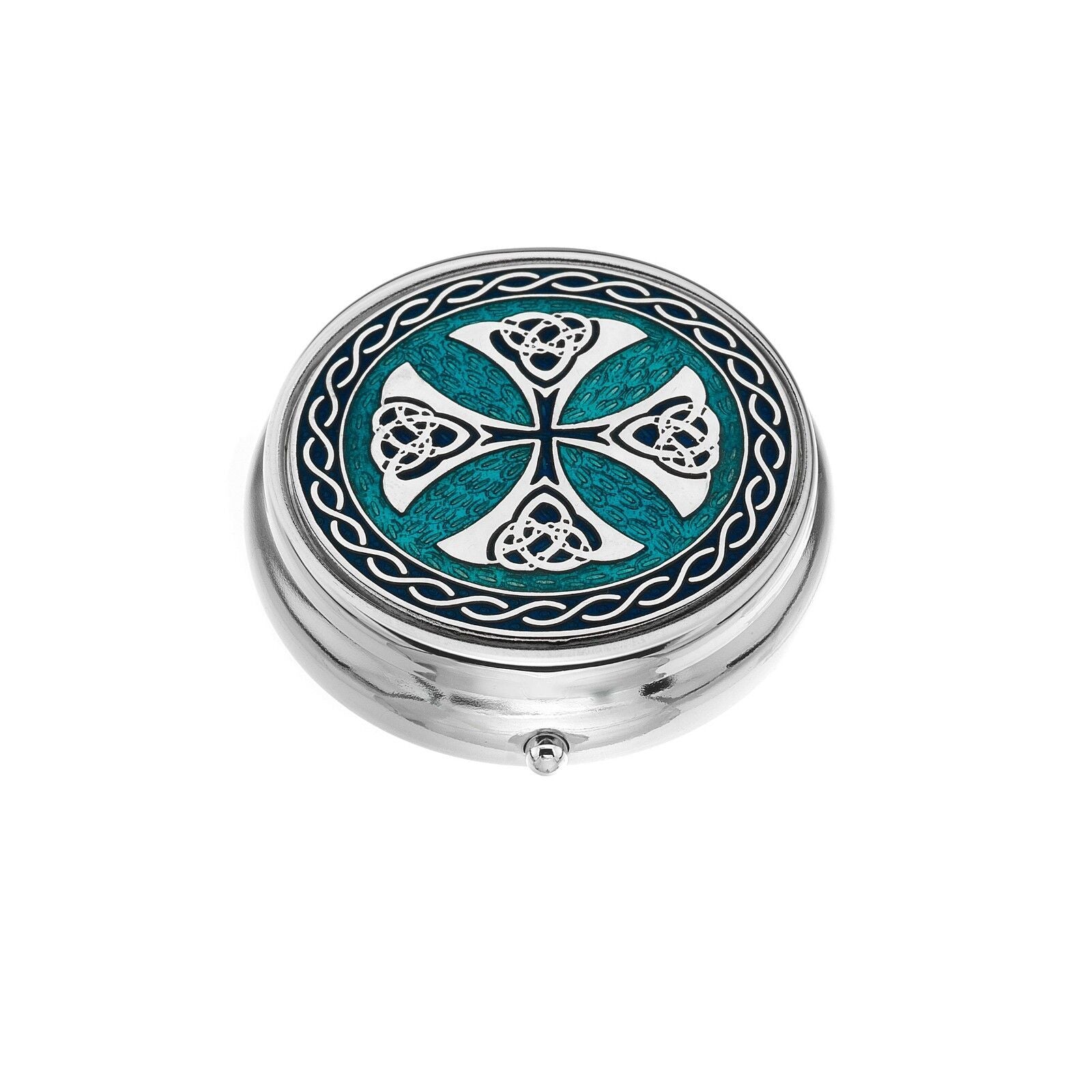 Large Pill Box Silver Plated Celtic Cross Blue Brand New & Boxed