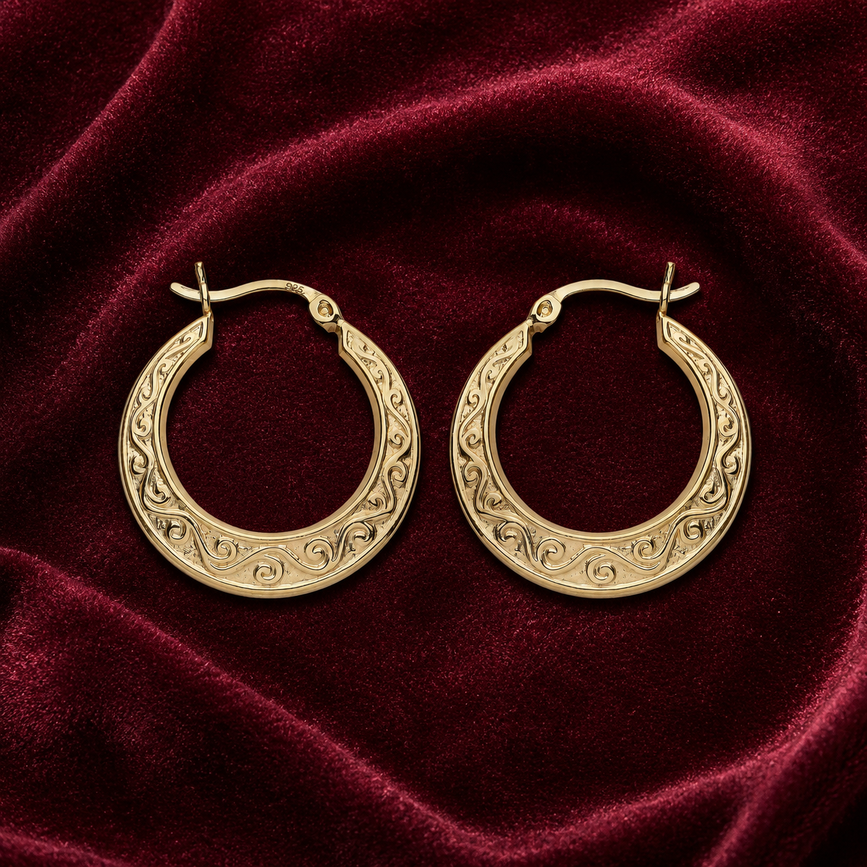 Scrollwork Filigree Creole Hoop Earrings 18ct Gold on Sterling Silver 23mm