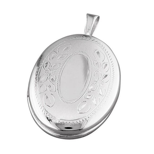 Oval Locket with Leaf Pattern 20mm x 15mm 925 Sterling Silver