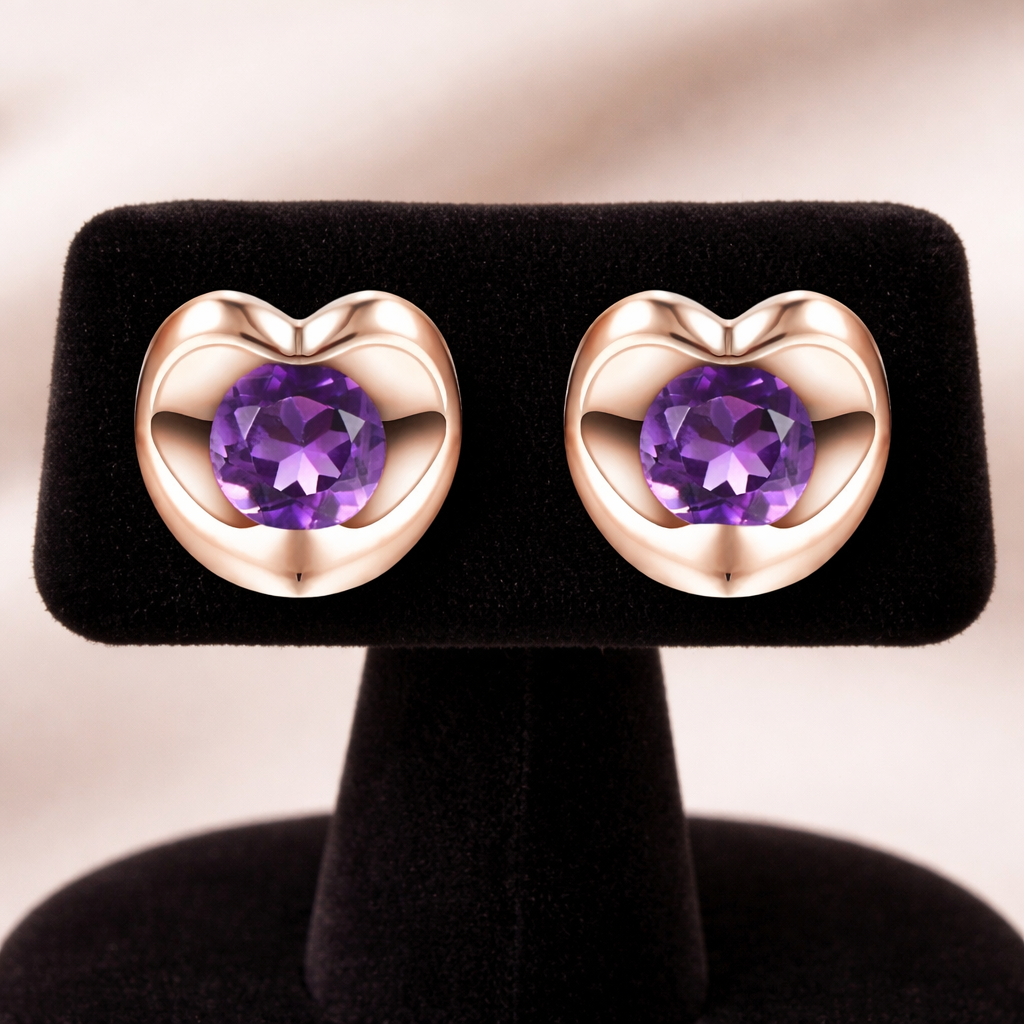 Natural Amethyst Heart Stud Earrings 9ct Rose Gold Hallmarked