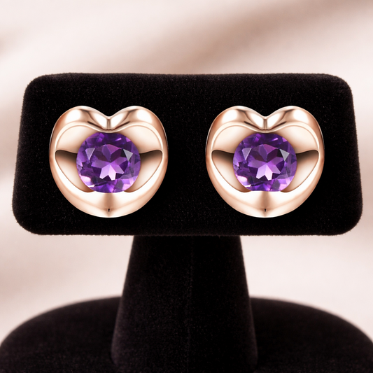 Natural Amethyst Heart Stud Earrings 9ct Rose Gold Hallmarked