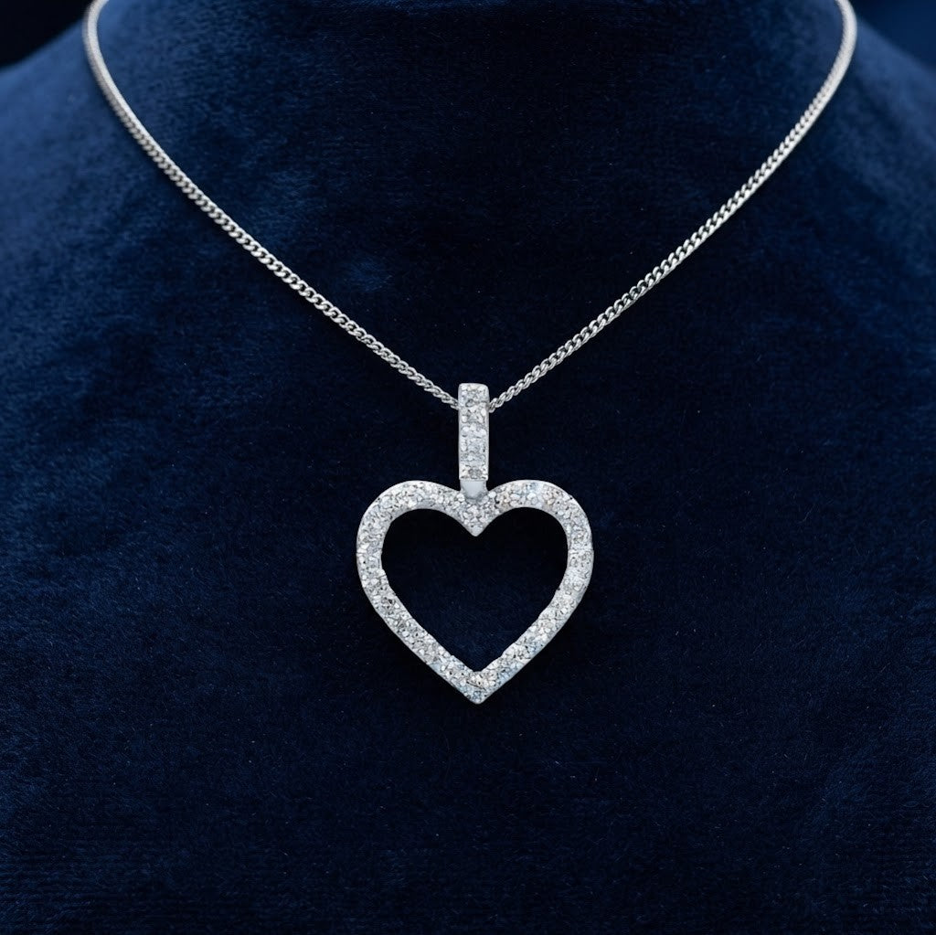 Diamond Open Heart Pendant 18ct White Gold 18"/45cm 0.60ct Real Premium Diamonds