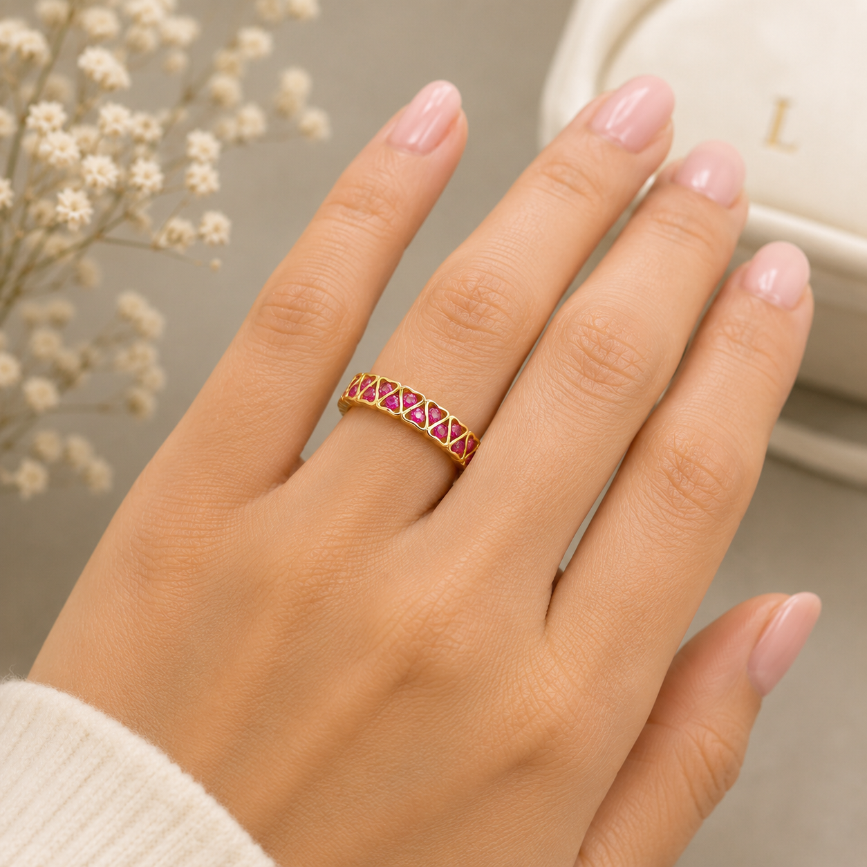 9k Yellow Gold Ruby Heart Eternity Band Stackable Ring Sizes KLMNOPQRS