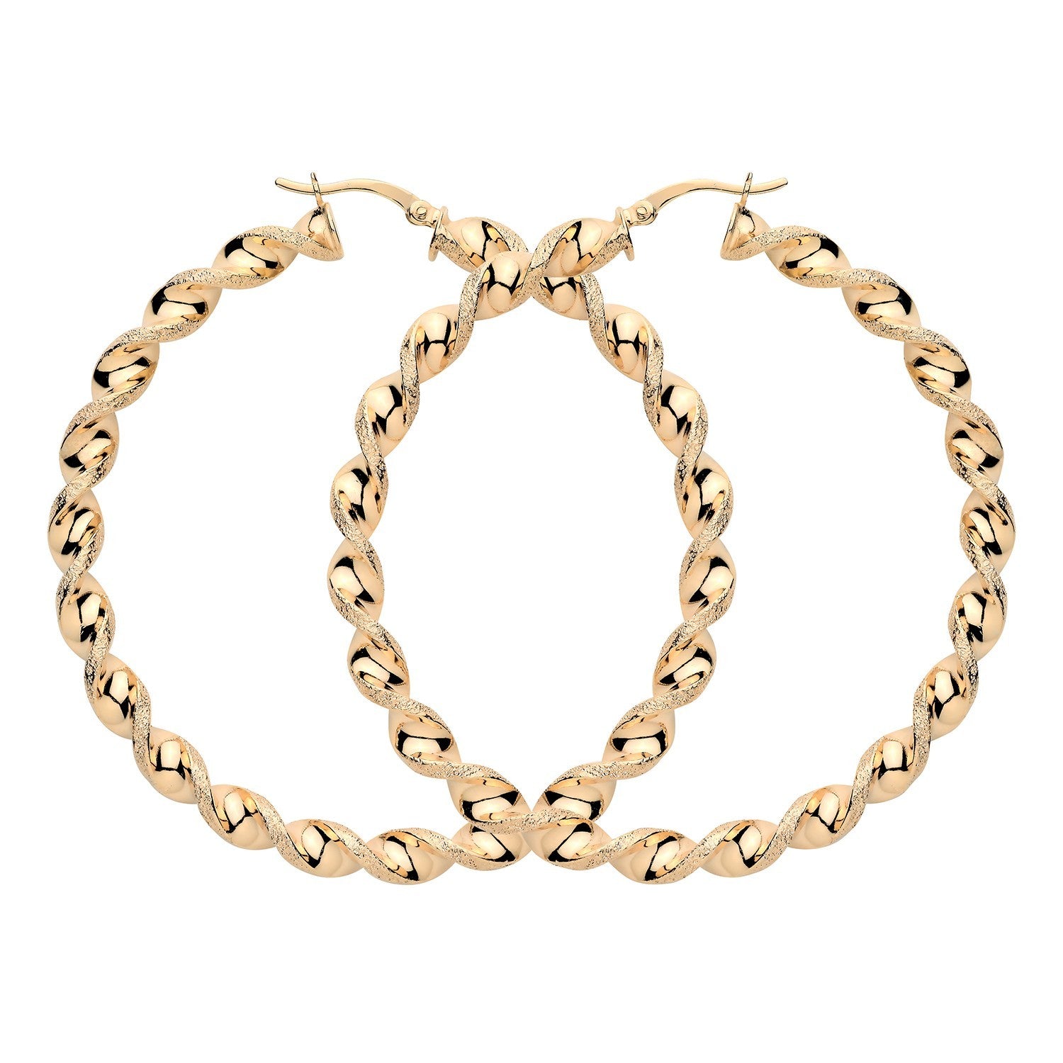 18ct Gold Large Hoop Earrings on Solid Sterling Silver Glitter Twist Hoops 60mm