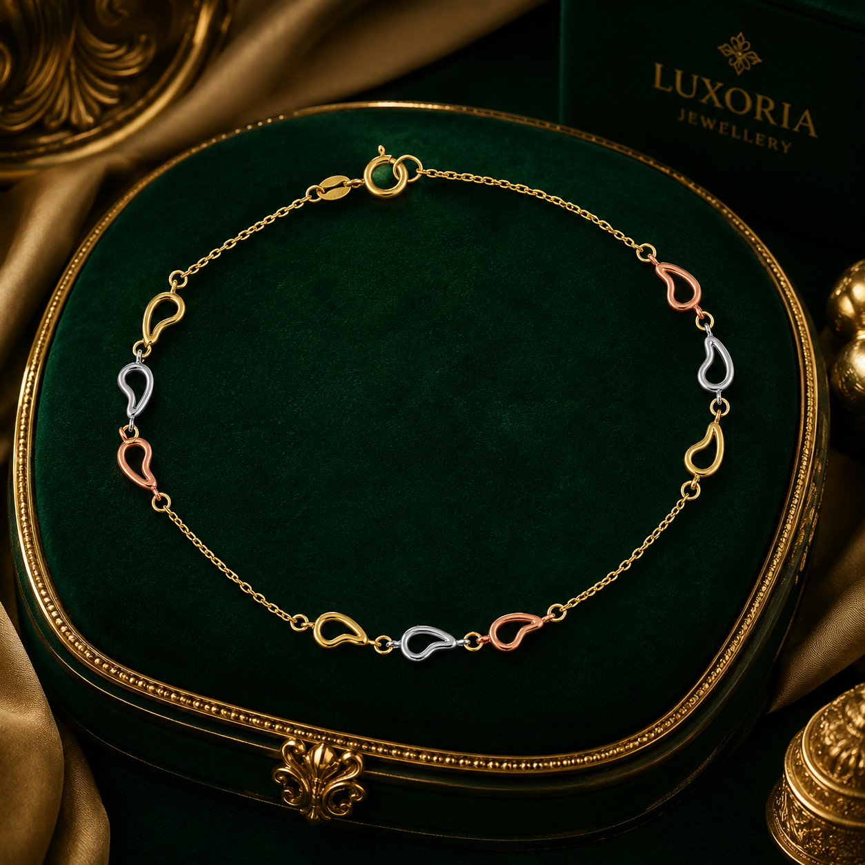 Elegant Tri-Color Open Teardrop Bracelet in 9ct Gold 375 Hallmark 19cm