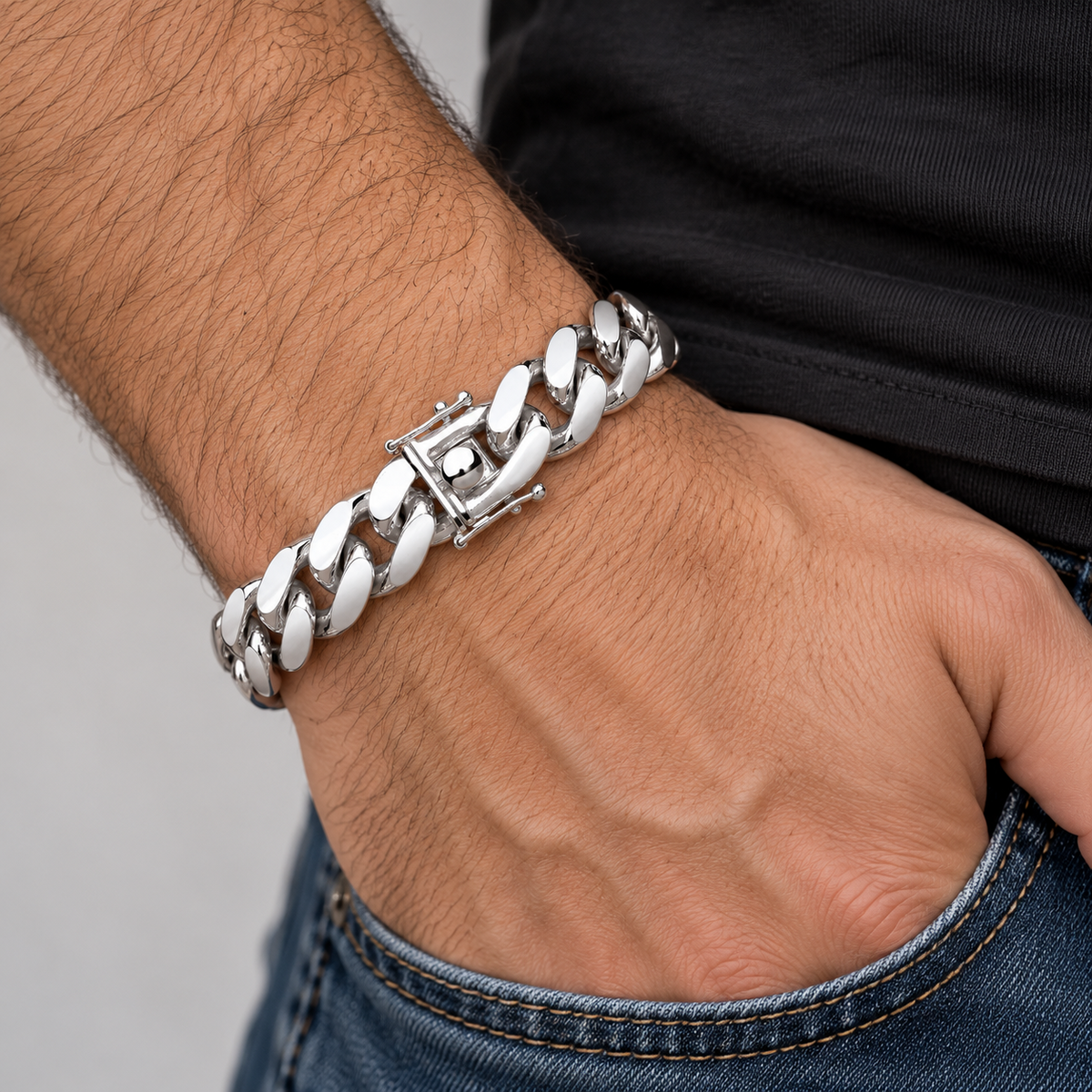 Men's Cuban Chain Bracelet Solid Silver 8mm Wide Box Lock Hallmarked 9"