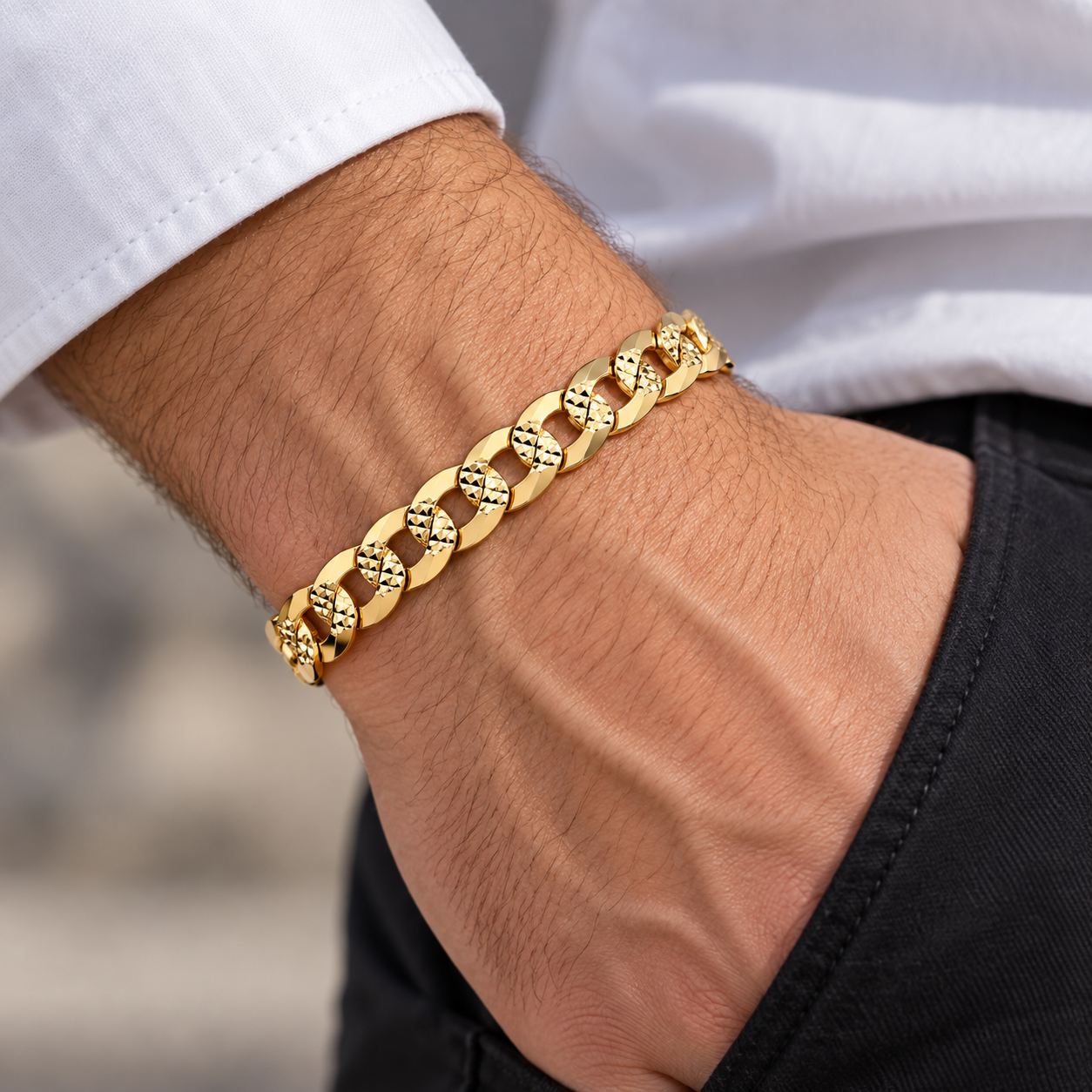 18ct Gold Men's Flat Patterned Curb Bracelet Sterling Silver Hallmarked 9mm Wide