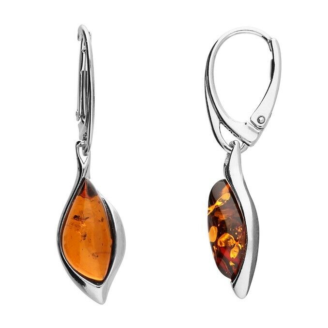 Cognac Amber Abstract Ellipse Pendant and Earrings Set Solid Sterling Silver 925