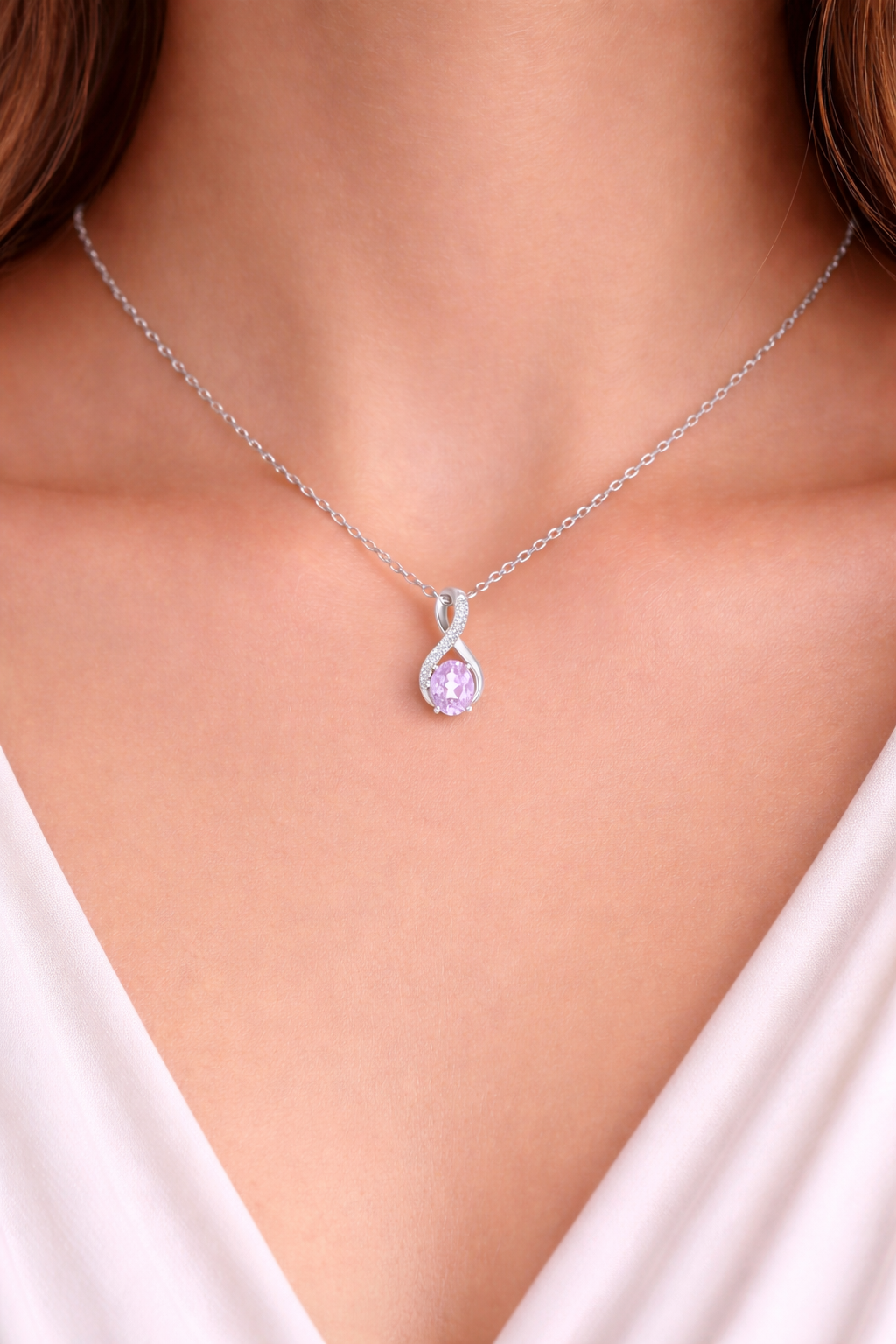 Pink Sapphire Infinity Pendant With Diamonds 9ct White Gold 18" 46cm Chain