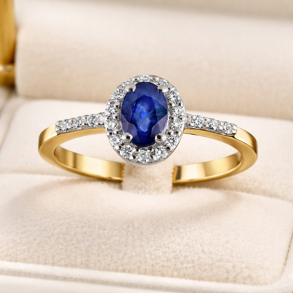 Sapphire and Diamond Oval Halo Ring 9ct Yellow Gold Engagement Hallmarked