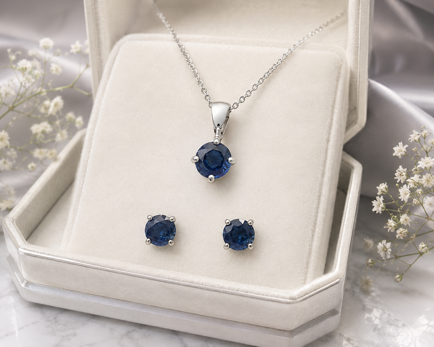 Natural Sapphire Pendant & Stud Earrings Set Solid White Gold