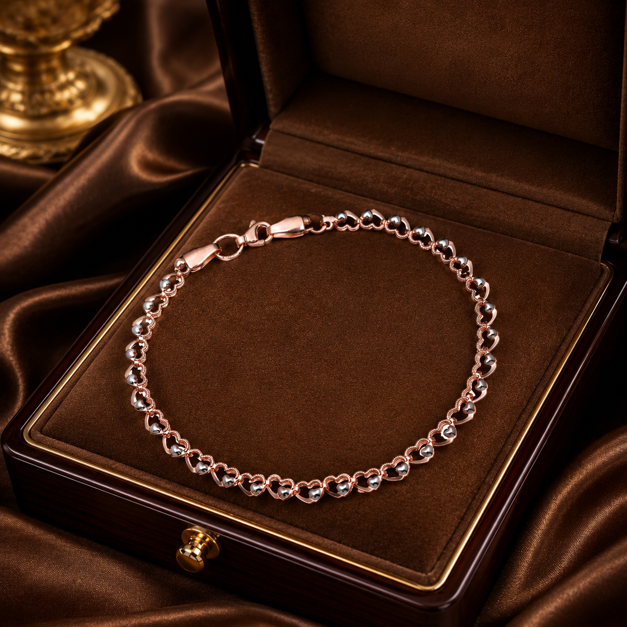 Rose Gold Double Heart Link Bracelet with White Gold Detail 375 Hallmark 18.5cm