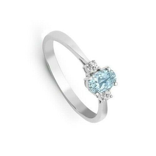 Real Aquamarine and Diamond Ring 18ct White Gold Three Stone Trilogy Engagement