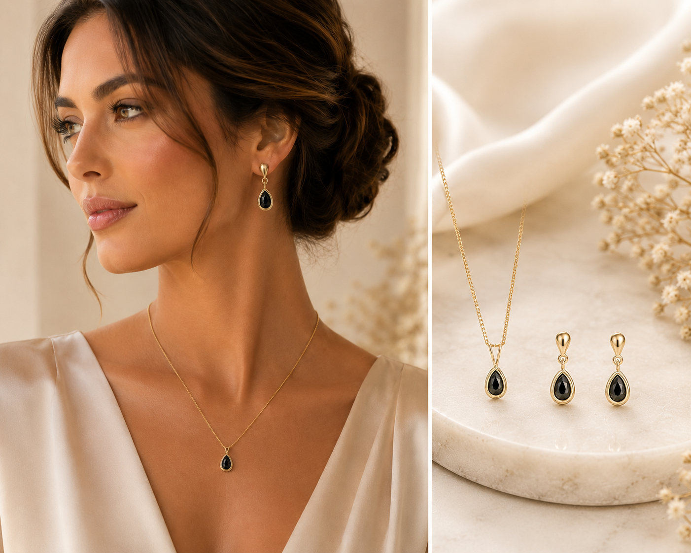 Natural Sapphire Pendant and Matching Earrings Teardrop Set Solid Yellow Gold