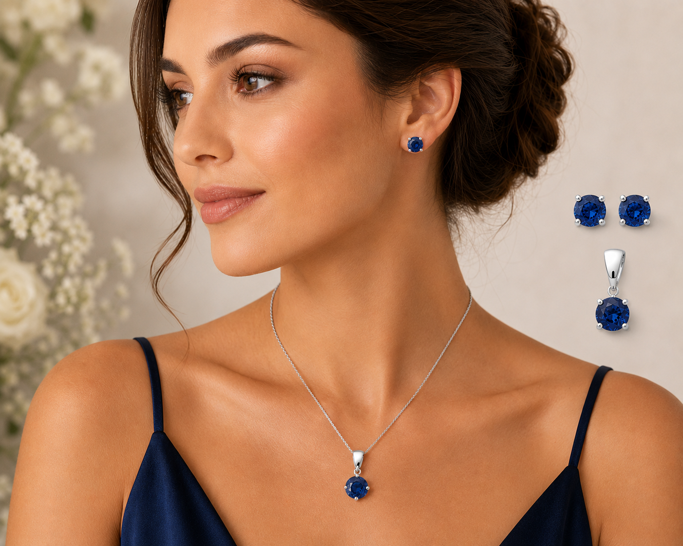 Natural Sapphire Pendant & Stud Earrings Set Solid White Gold