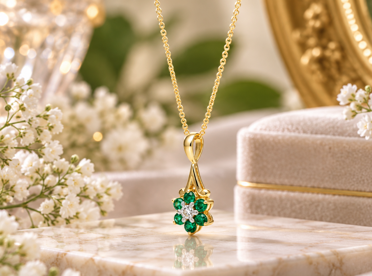 Emerald and Diamond Pendant 9ct Yellow Gold Cluster Necklace 16-18" Real Stone