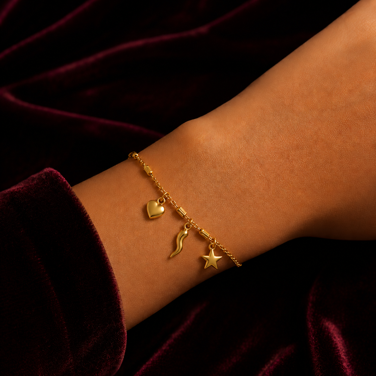 Heart, Star & Italian Horn Charm Lucky Bracelet 9ct Yellow Gold 375 17.5-19cm