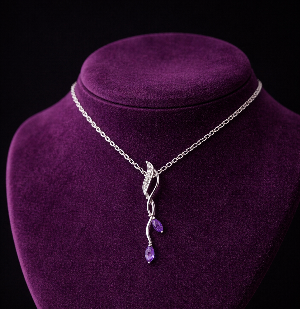 9ct White Gold Amethyst Necklace With Diamonds 18" 46cm Length Chain