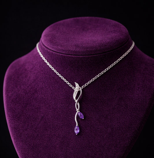 9ct White Gold Amethyst Necklace With Diamonds 18" 46cm Length Chain