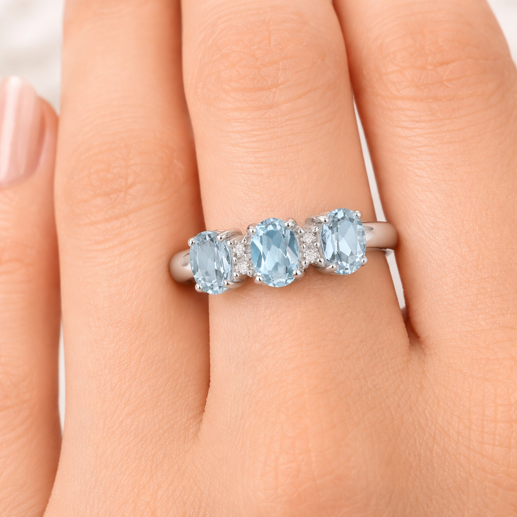 Aquamarine and Diamond Ring 9ct White Gold Three Stone Trilogy Size J - Q