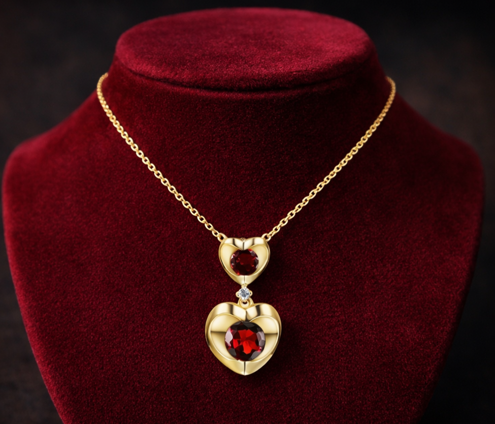 Garnet Heart Necklace With Diamond Solid Yellow Gold 18" 46cm Length Chain