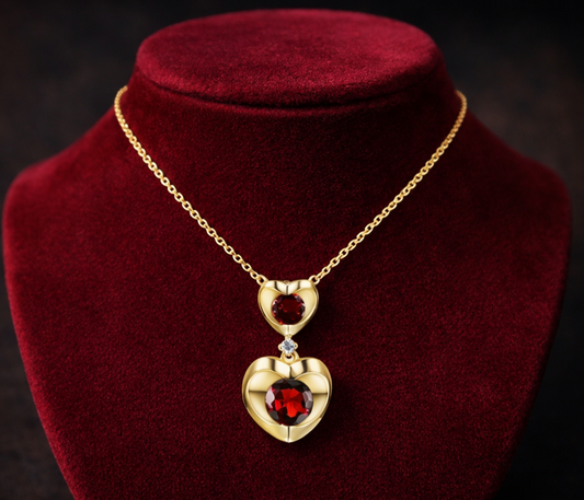 Garnet Heart Necklace With Diamond Solid Yellow Gold 18" 46cm Length Chain