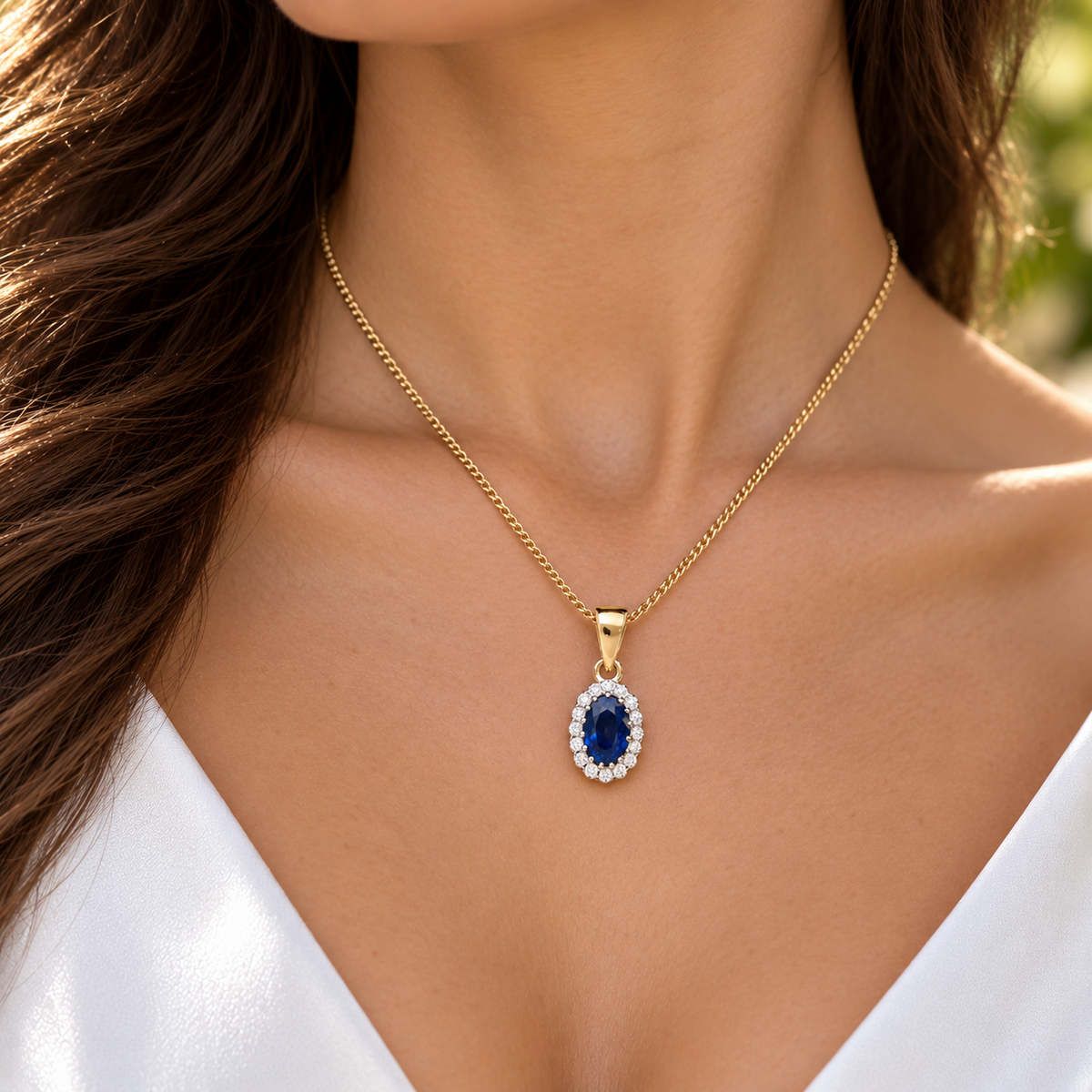 Elegant Oval Blue Sapphire & Diamond Halo Pendant Yellow Gold 18" Chain