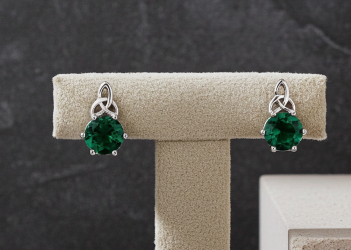 Emerald Celtic Stud Earrings Solid Sterling Silver 925 Hallmark Rhodium Finish