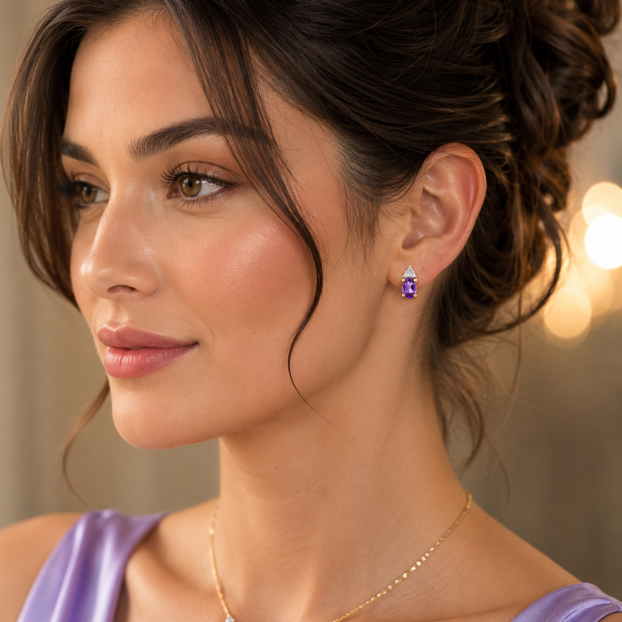 Yellow Gold Natural Amethyst & Diamond Accent Oval Stud Earrings