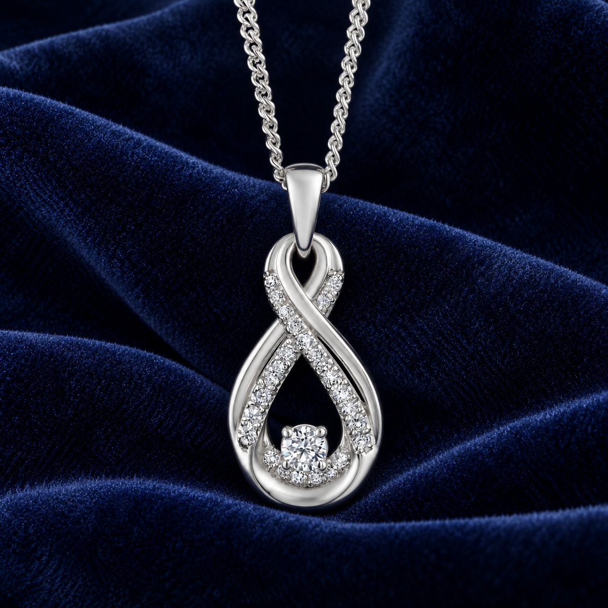 Real Diamond Infinity Pendant 9ct White Gold 18" Chain 0.20ctw Premium Diamonds