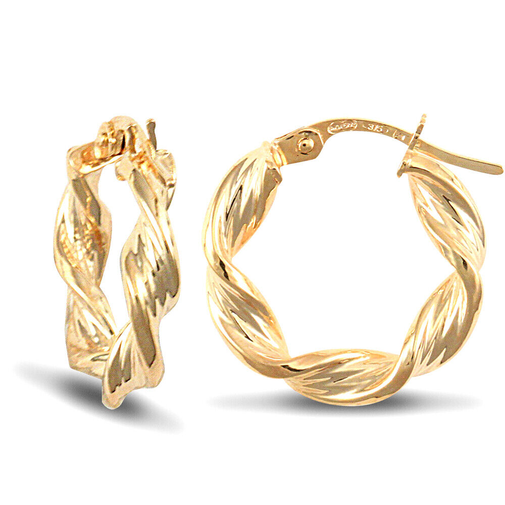 9ct Yellow Gold Barked Twist Style Earrings British Made Hallmarked 16mm