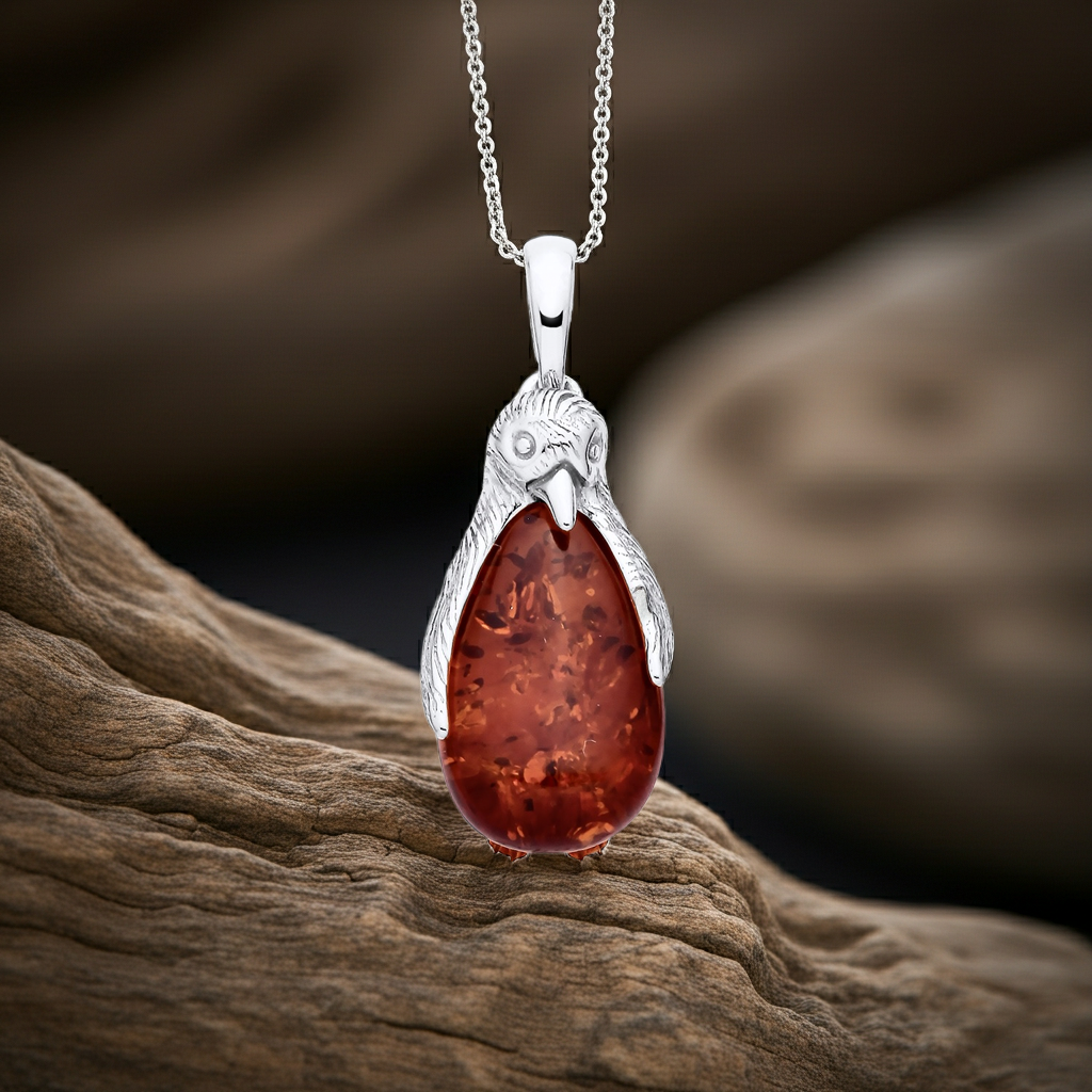 Natural Amber Penguin Pendant Solid Sterling Silver 925 Hallmark 18" Chain