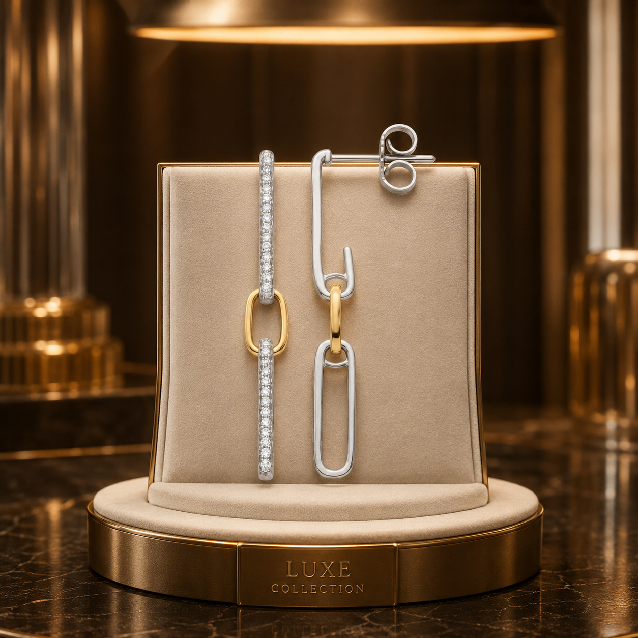 Elegant Natural Diamond Link Drop Earrings | White & Yellow Gold | 33mm