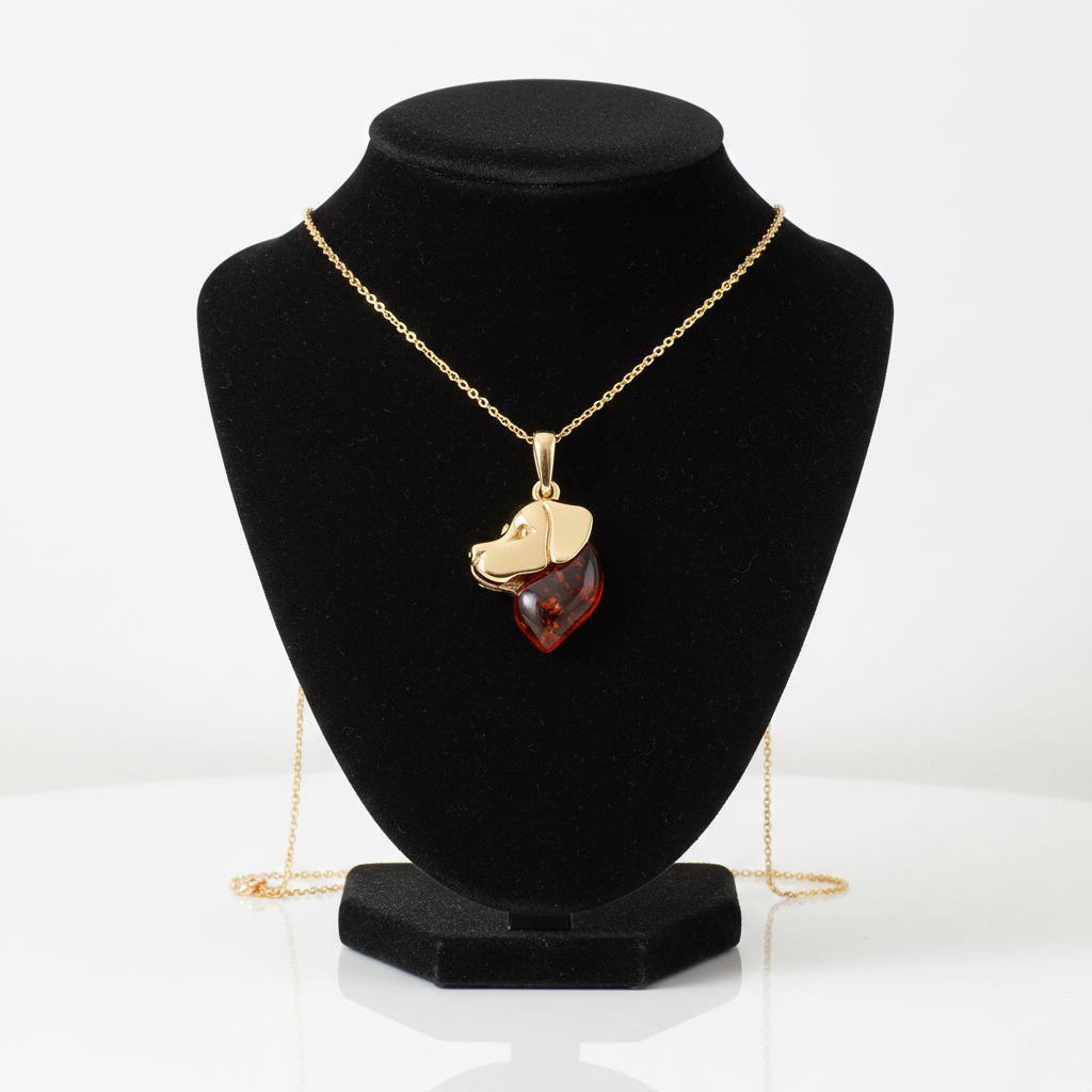Natural Amber Dog Head Pendant With Heart 18ct Gold on Solid Sterling Silver 925