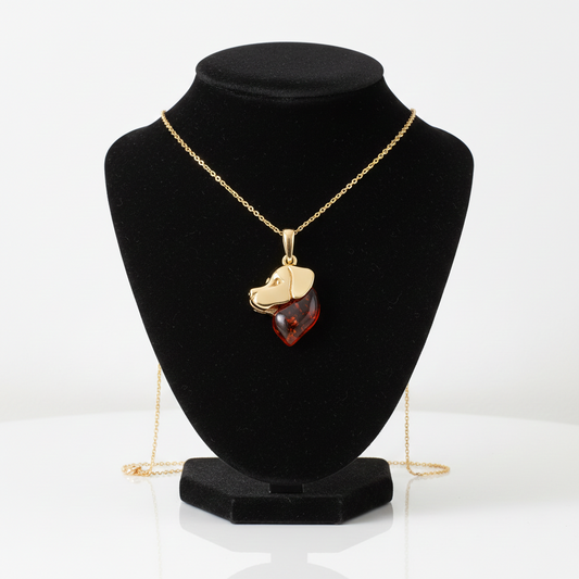 Natural Amber Dog Head Pendant With Heart 18ct Gold on Solid Sterling Silver 925