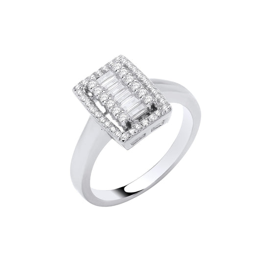Sterling Silver Rectangular Halo Style Ring Size J - Q British Made 925 Hallmark