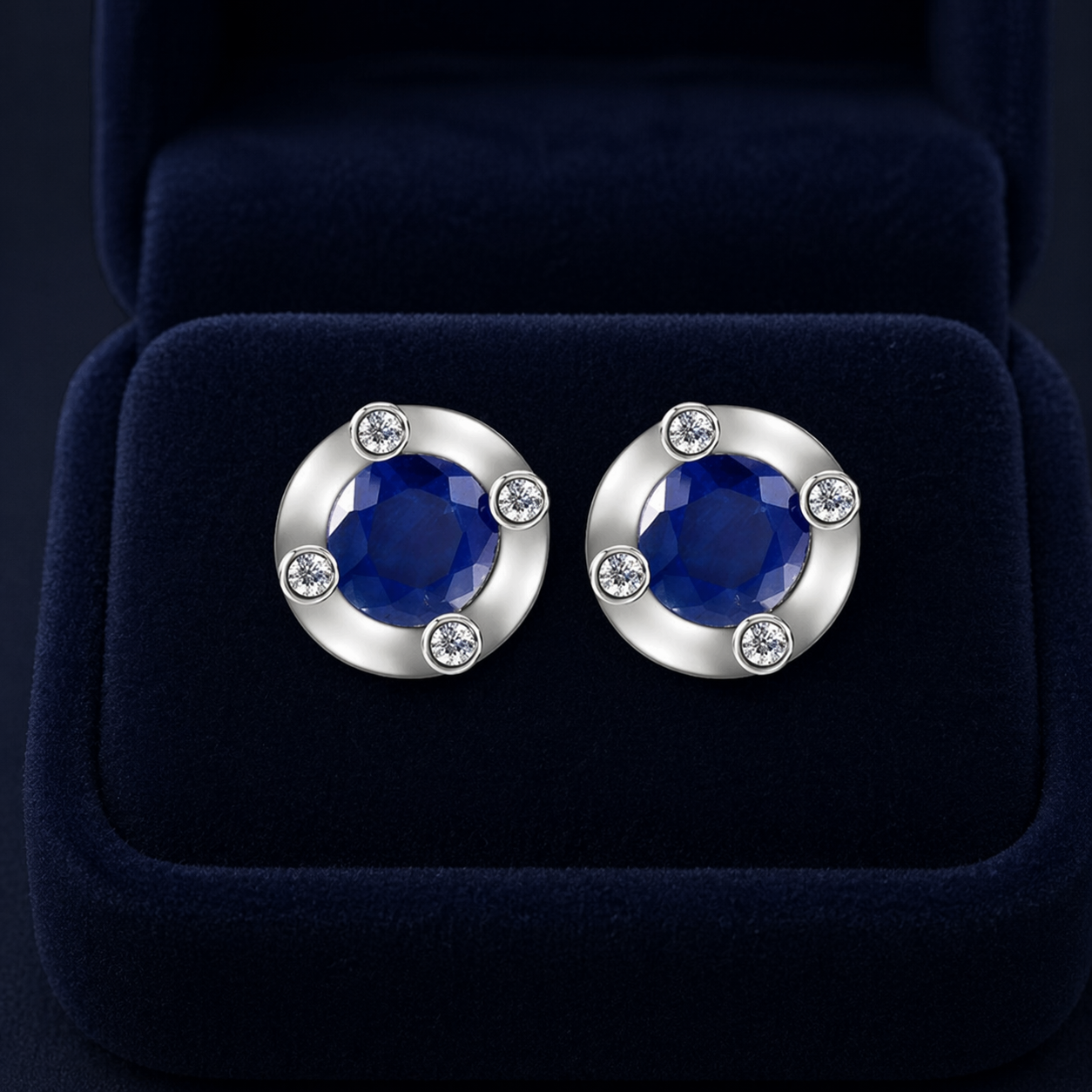 Natural Sapphire and Diamond Stud Earrings 9ct White Gold Studs Hallmarked