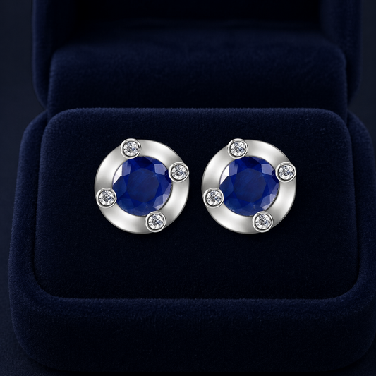 Natural Sapphire and Diamond Stud Earrings 9ct White Gold Studs Hallmarked